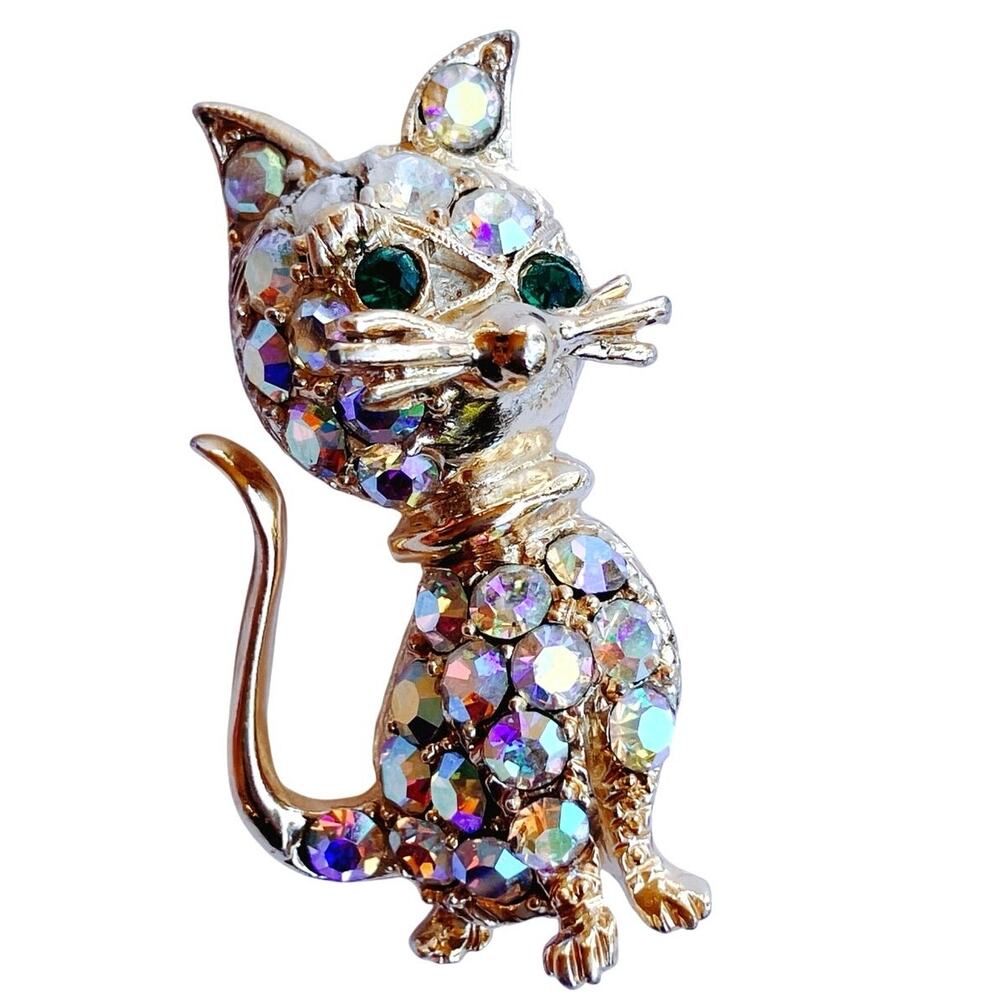Vintage Mid Century Cat Brooch AB Rhinestones Green Eyes Kitschy Gold Tone Pin